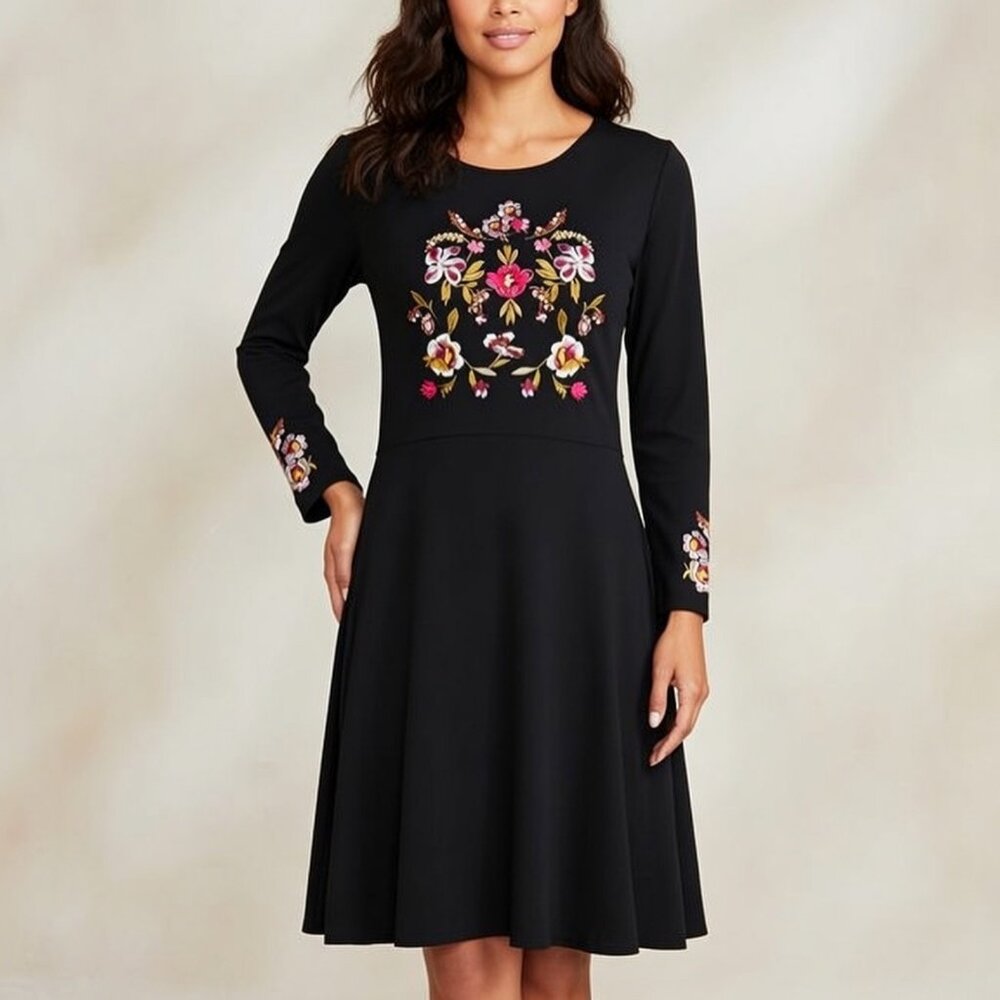LOFT Black Floral Embroidered Midi Dress Boho Whimsigoth Cottagecore 6